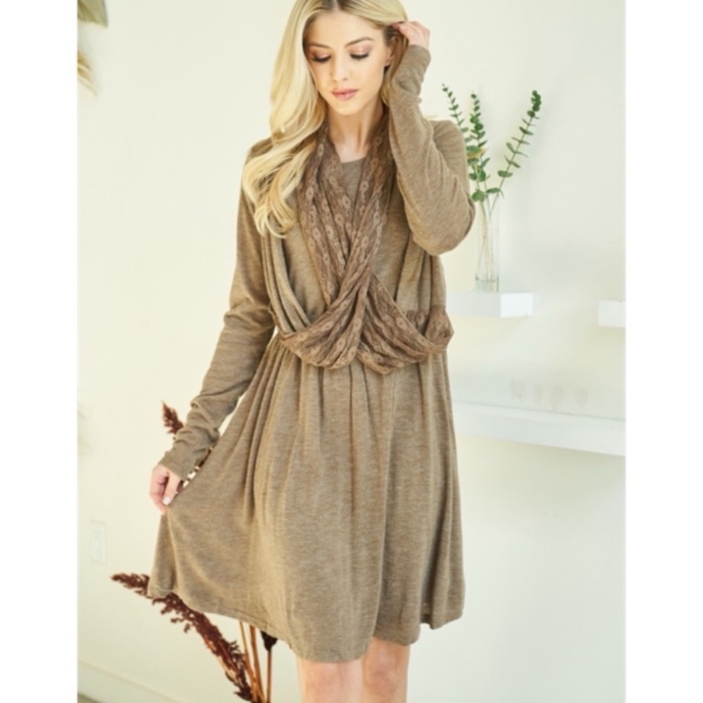 A'Reve Brown Bishop Sleeve Ruched Sweater Dress